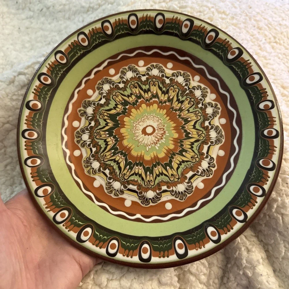 Vintage Bulgarian Troyan Red Ware Pottery Hand Painted Wall Plate 8.5